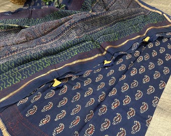 Blue Handblock Print Cotton Silk Saree / Free Shipping In US