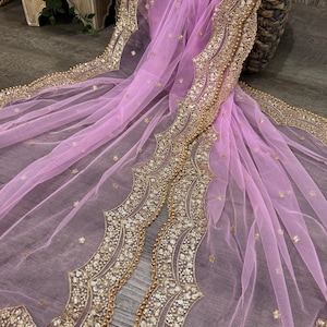 Pink Net Sequins Dupatta  /Stole/Wrap, Free Shipping