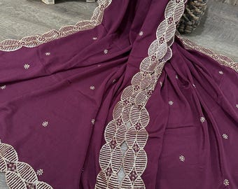 Wine embroidered dupatta on vegan crepe silk / stole / wrap / Free Shipping in US