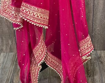 Bridal Rani Pink Organza Dupatta /Stole /Wrap, Free Shipping in US