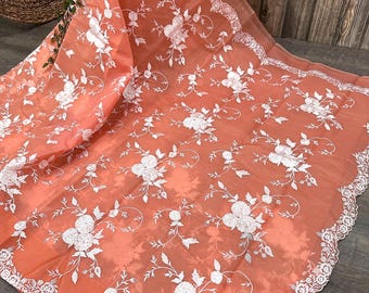 Embroidered Peach Organza Saree / Free Shipping in US