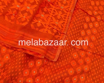 Soft Jamdani Saree / Orange Saree / Fall Attached /Free Shipping In US