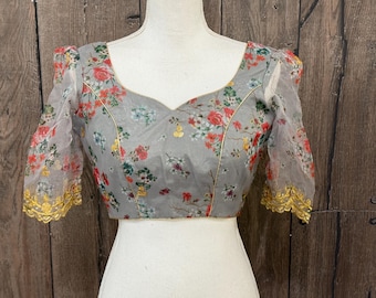 Gray Organza Floral Blouse for Saree / Free Shipping in US
