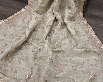 Dupatta/Estola/Chal bordado en tejido dorado claro / Envío gratis