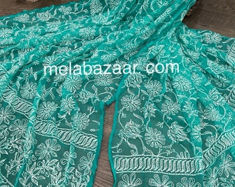 Teal Chikankari Dupatta on Georgette / Hand Embroidered/ Free Shipping in US