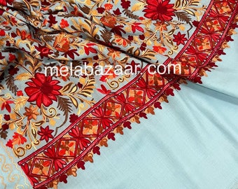 Sky Blue Embroidered Pure Wool Shawl / Kashmiri Stole / Free Shipping in US