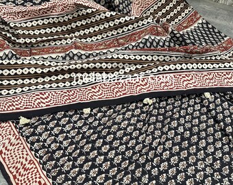 Pure Cotton Black Ajrakh Saree / Hand Printed / Free Shipping in US
