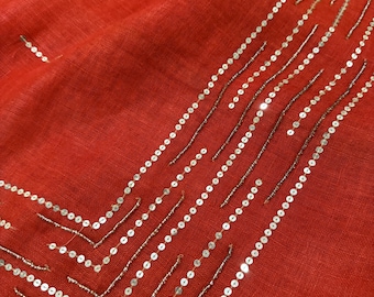 Embroidered Sequins Red Pure Linen Saree /Free Shipping In US