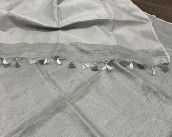 Silver Tissue Linen Saree / Beautiful and lightweight /Free Shipping In US