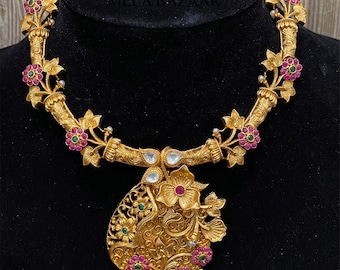 Pink floral design Indian Necklace and Earrings Set / Free Shipping in US