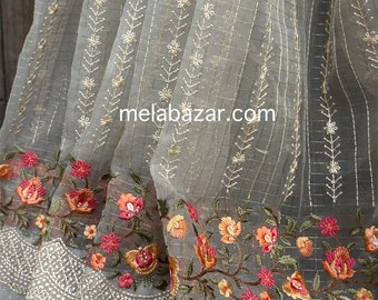 Embroidered Gray Organza Saree / Free Shipping in US