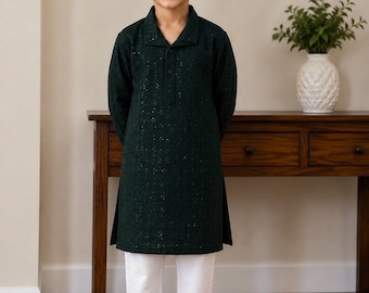 Soft Rayon Boys Kurta Pajama Set in Dark Bottle Green / Hakoba Embroidered with Sequins / Ships from Ohio