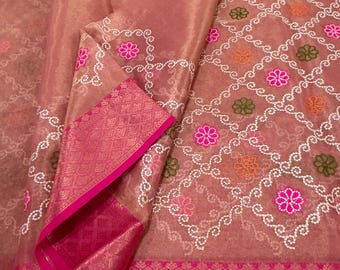 Pink and Gold Kota Tissue Banarasi Saree Embroidered  / Free Shipping In US