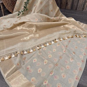 Banarasi Light Beige Soft Cotton Saree /Fall Attached /Free Shipping In US