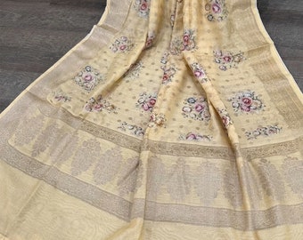 Vanilla Floral Banarsi Dupatta / Pure Chanderi Silk by Cotton / Free Shipping in US