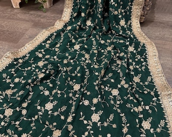 Embroidered Georgette Bottle Green Dupatta /Stole/Wrap/ Free Shipping in US