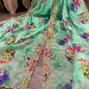 Floral Mint Green Dupatta / Organza Lightweight Stole / Bridesmaids wrap  / Free Shipping in US