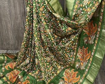 Kalamkari Print Green Silk Linen Saree / Free Shipping In US