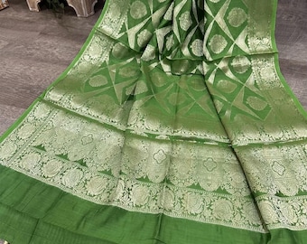 Green Banarsi Dupatta /Stole/Wrap/ Chanderi Silk by Cotton / Free Shipping in US