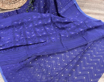 Blue Jamdani Soft Saree / Fall Attached/ Free Shipping in US