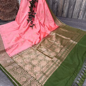 Rosa Banarasi Reine Katan Seide Handloom Saree / Kostenloser Versand in den USA
