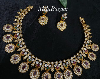 Studded necklace and earrings set/ CZ, Ruby red and green stones/ Free Shipping in US
