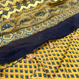 Mustard Yellow Ajrakh Saree on Modal Silk / Free Shipping in US