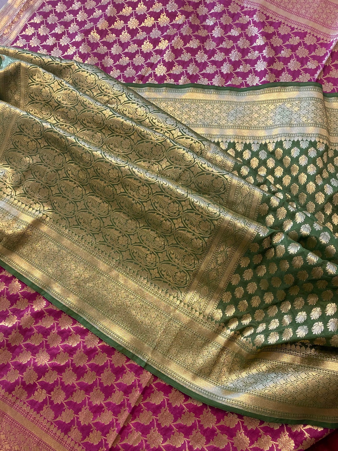 Green and purple half N half block printed sari