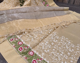 Dark Beige Kota Tissue Saree with Floral Embroidery /Fall Attached  Free Shipping In US