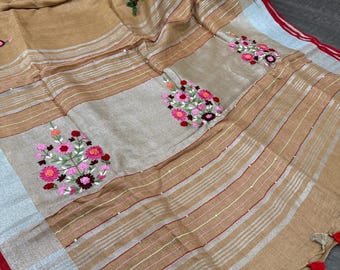 Beige Pure Linen Saree Embroidered / 100 count linen saree / Free Shipping In US
