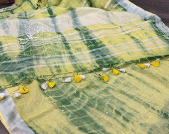 Yellow Shibori Pure Linen Hand Work Saree /Free Shipping In US