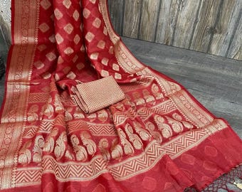 Red Silk Linen Saree / Banarasi Linen Saree/Free Shipping In US