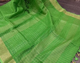 Pure Linen Checks Saree / 100 count linen /Free Shipping In US
