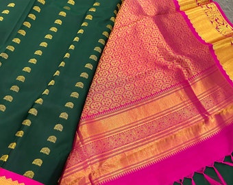 Pure Silk Kanjivaram Green and Rani Pink Saree / Silk Mark Certified / Free Shipping In US