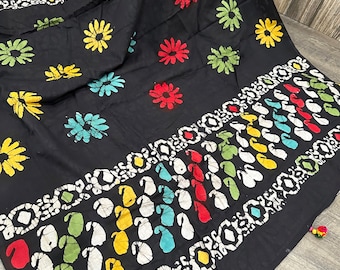 Multicolor Pure Cotton Hand Printed Saree / Free Shipping In US