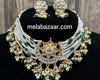 Pearls and Pachi Kundan Choker Necklace and Earrings / Free Shipping in US