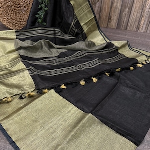 Breiter Goldrand Schwarzer Reiner Leinen Saree / Kostenloser Versand in den USA