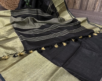 Wide Gold Border Black Pure Linen Saree /Free Shipping In US