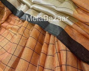 Orange Tissue by Linen Saree / Gold Zari / Free Shipping In US
