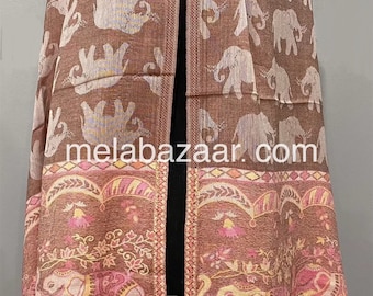 Elephant Design Cotton Wool blend White Shawl / wrap / scarf/ stole