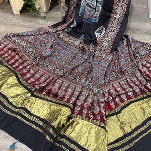 Black Ajrakh Dupatta on Modal Silk / Scarf / Stole / Free Shipping in US