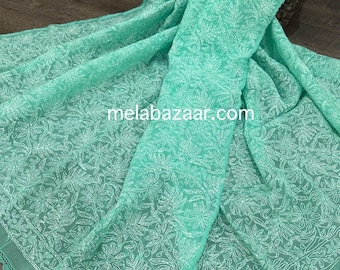 Sea Green Chikankari Cotton Dupatta / Hand Embroidered/ Free Shipping in US