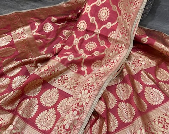 Dark Coral Art Silk Banarsi Dupatta /Stole/Wrap/ Ships from Oho