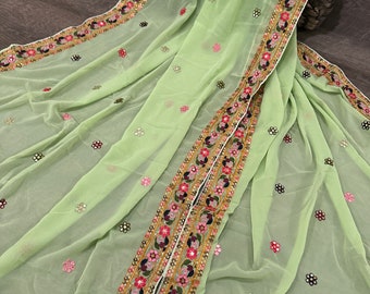 Embroidered Light Green Georgette Dupatta /Stole/Wrap, Free Shipping In US