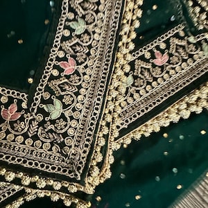 Puede incluir: Una tela transparente verde oscuro con un borde bordado en oro y plata. El borde presenta un patrón repetitivo de hojas y flores.