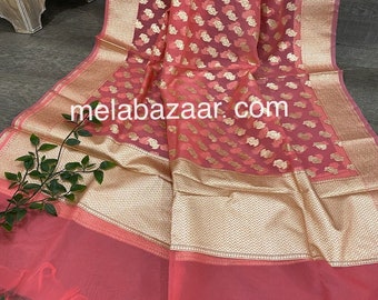 Coral Organza Banarsi Handlooom Dupatta /Free Shipping in US
