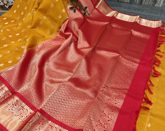 Turmeric Yellow Pure Kanjivaram Silk Saree / Silk Mark Certified / Free Shipping In US
