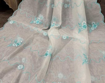 White and blue embroidered kota cotton dupatta /stole/wrap/ Free Shipping in US
