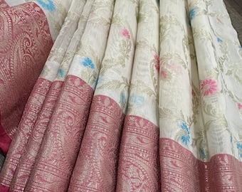 White Banarasi Saree /  Silk Cotton / Free Shipping in US