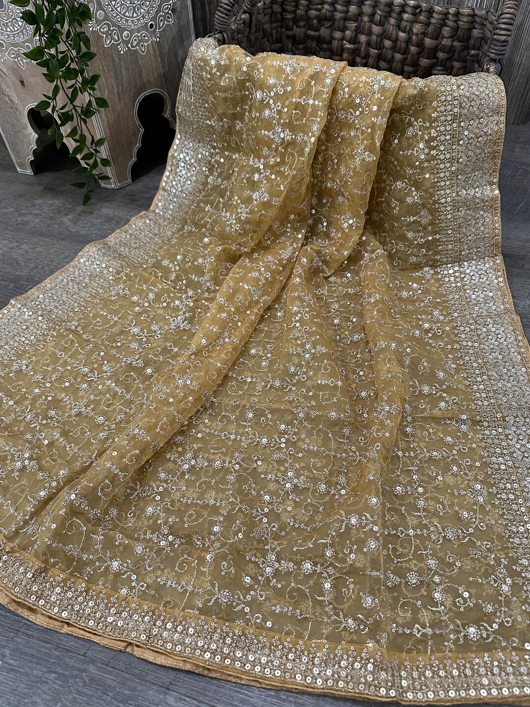 Beige Printed Organza Dupatta